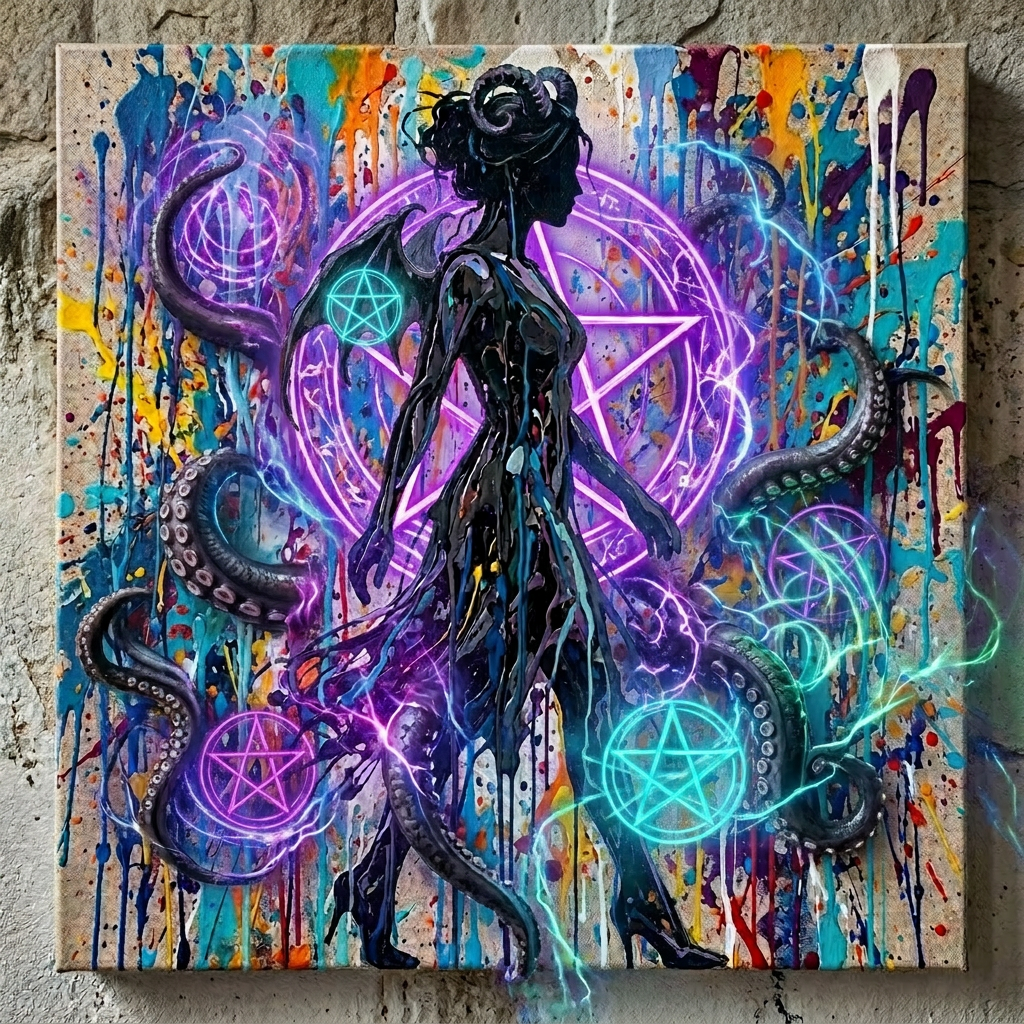 Silhouette of a woman walking with colorful dripping paint splatters